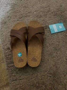 Reef Brown Cork Cross-Strap Slide Sandals